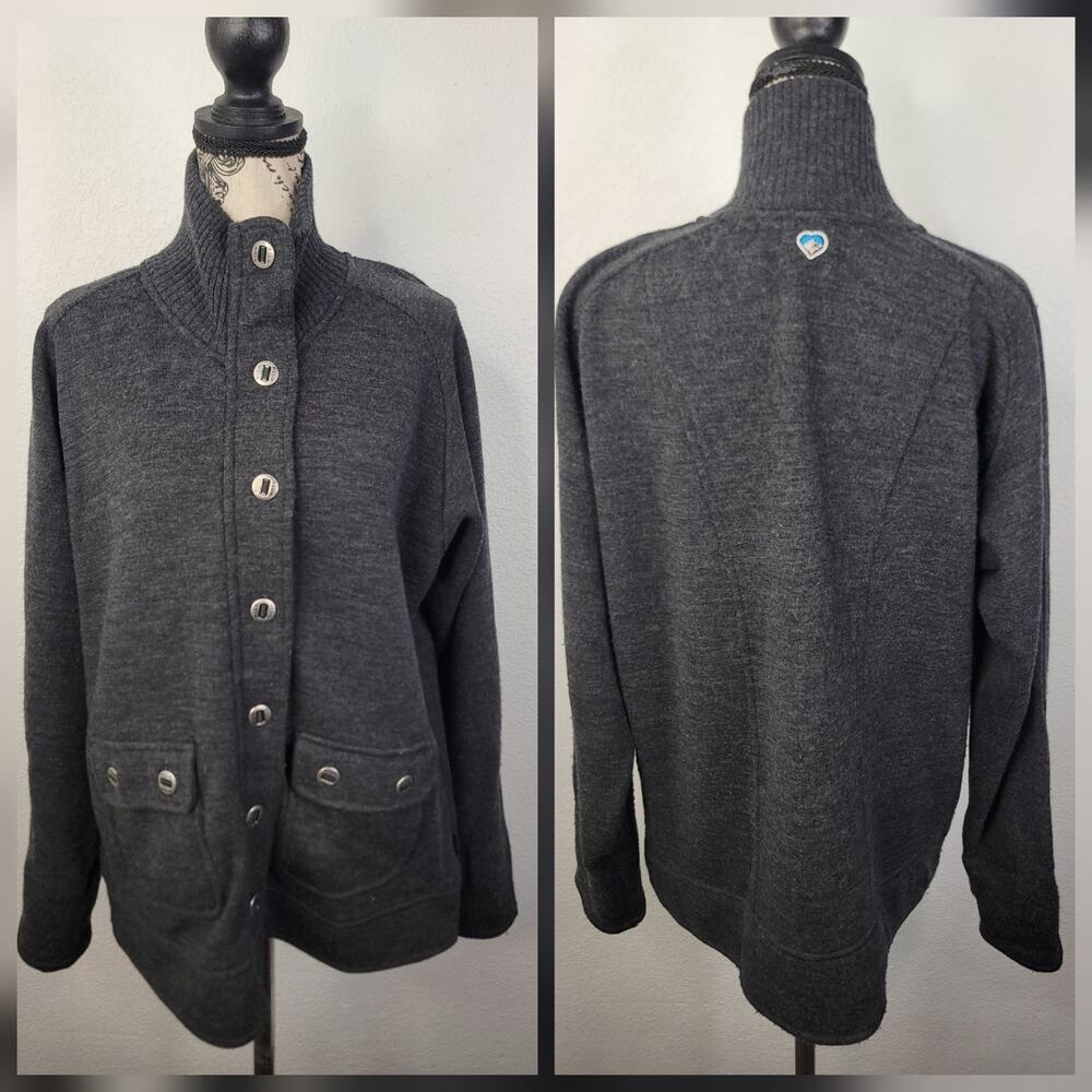 Kuhl Women’s Spy Jacket SZ XL Full Zip Buttons Charcoal 100% Merino Wool